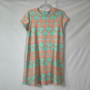 J. McLaughlin Dress L Aqua and Coral Print Nautical EUC